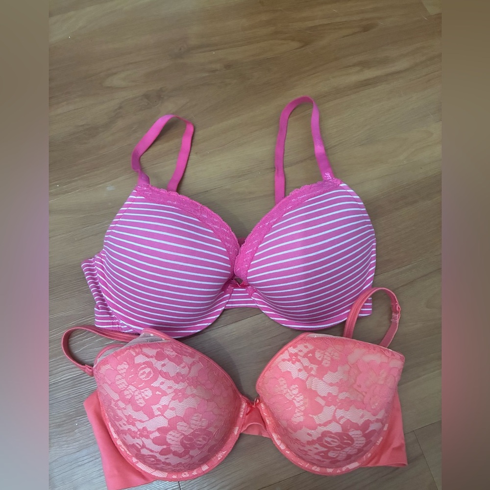 aerie Pink Striped Push-Up Bra + Coral Lace Bra Duo